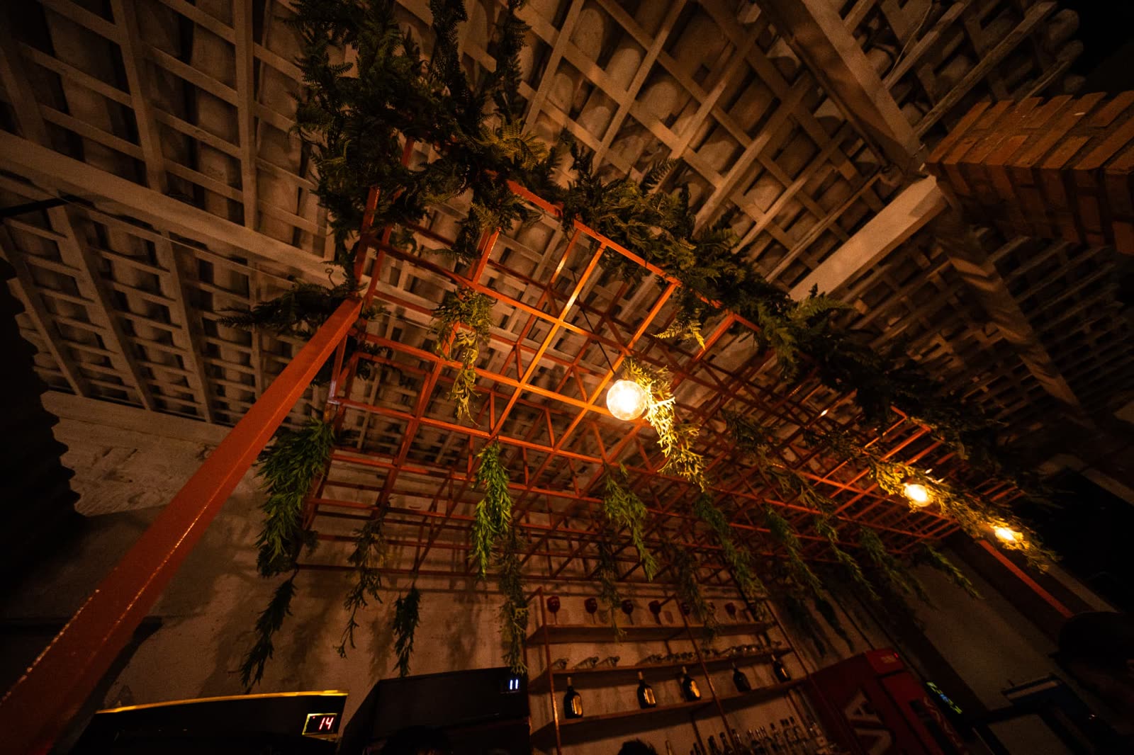 Bar da Hype House com estrutura metálica e plantas